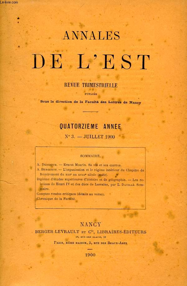 ANNALES DE L'EST, 14e ANNEE, N 3, JUILLET 1900
