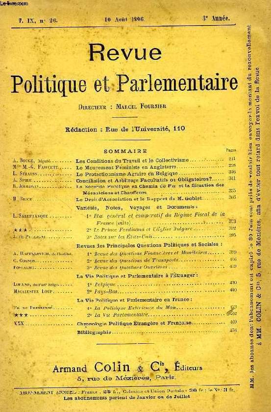REVUE POLITIQUE ET PARLEMENTAIRE, T. IX, 3e ANNEE, N 26, AOUT 1896