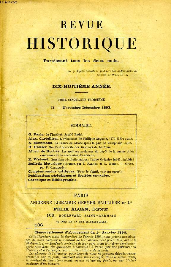 REVUE HISTORIQUE, 18e ANNEE, TOME 53e, N 106, NOV.-DEC. 1893