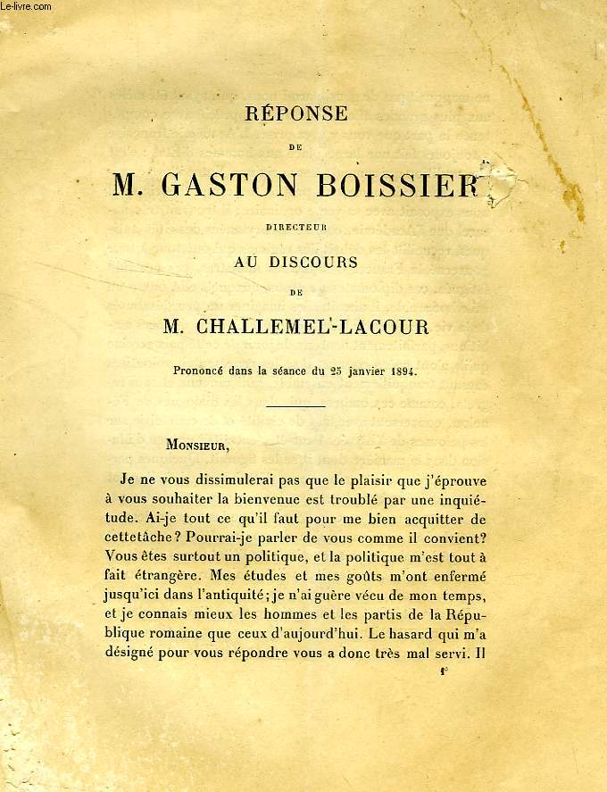 REPONSE DE GASTON BOISSIER, DIRECTEUR, AU DISCOURS DE M. CHALLEMEL-LACOUR