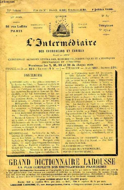 L'INTERMEDIAIRE DES CHERCHEURS ET CURIEUX, XLe VOLUME, N 841 (35e ANNEE)