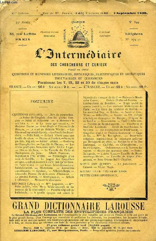 L'INTERMEDIAIRE DES CHERCHEURS ET CURIEUX, XLe VOLUME, N° 849 (35e ANNEE)