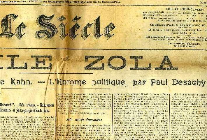 LE SIECLE, 73e ANNEE, N 26452, JUIN 1908, EMILE ZOLA