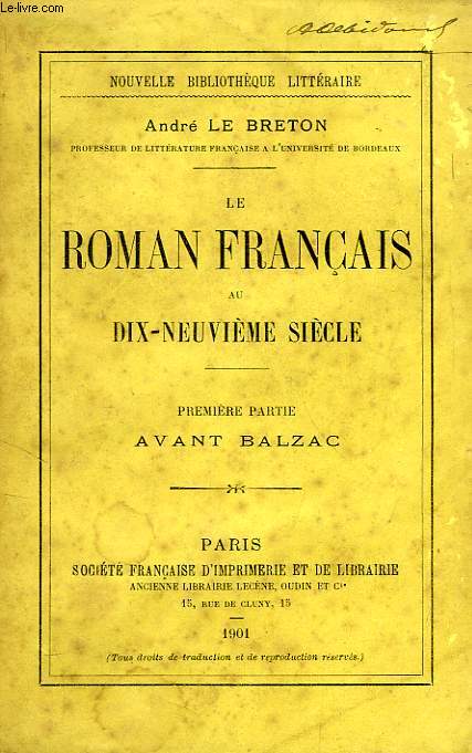 LE ROMAN FRANCAIS AU XIXe SIECLE, 1re PARTIE, AVANT BALZAC