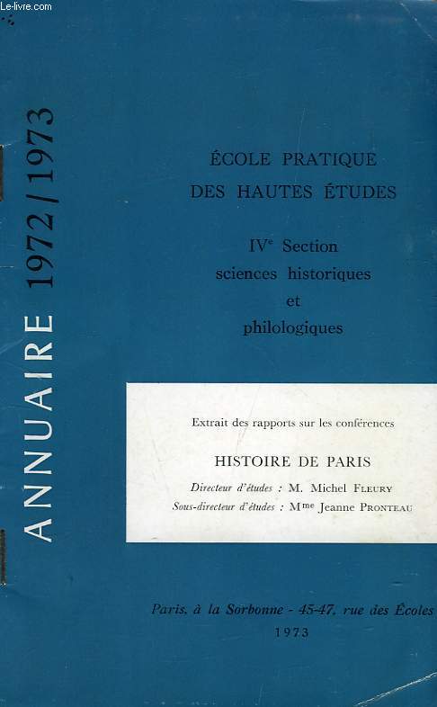 ECOLE PRATIQUE DES HAUTES ETUDES, IVe SECTION, ANNUAIRE 1972-1973