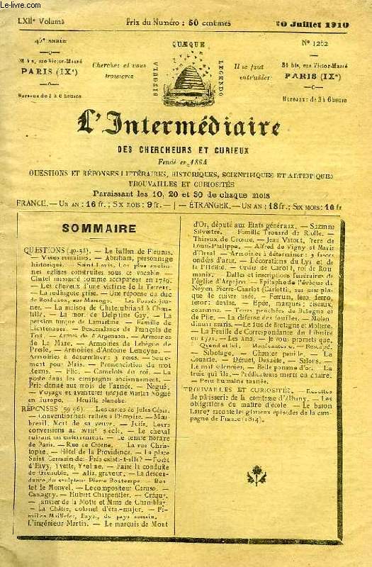 L'INTERMEDIAIRE DES CHERCHEURS ET CURIEUX, LXIIe VOLUME, N 1262 (46e ANNEE)