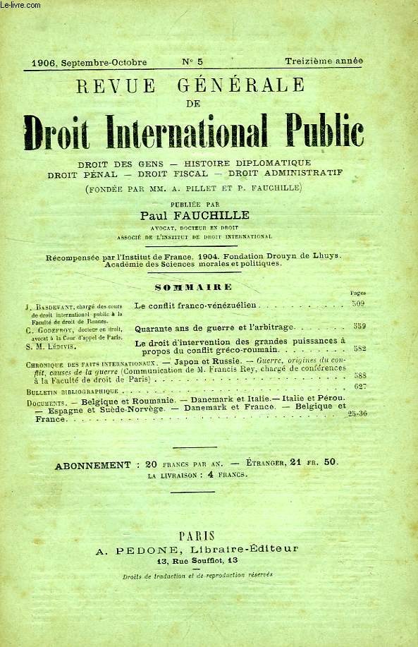 REVUE GENERALE DE DROIT INTERNATIONAL PUBLIC, 13e ANNEE, N 5, SEPT.-OCT. 1906