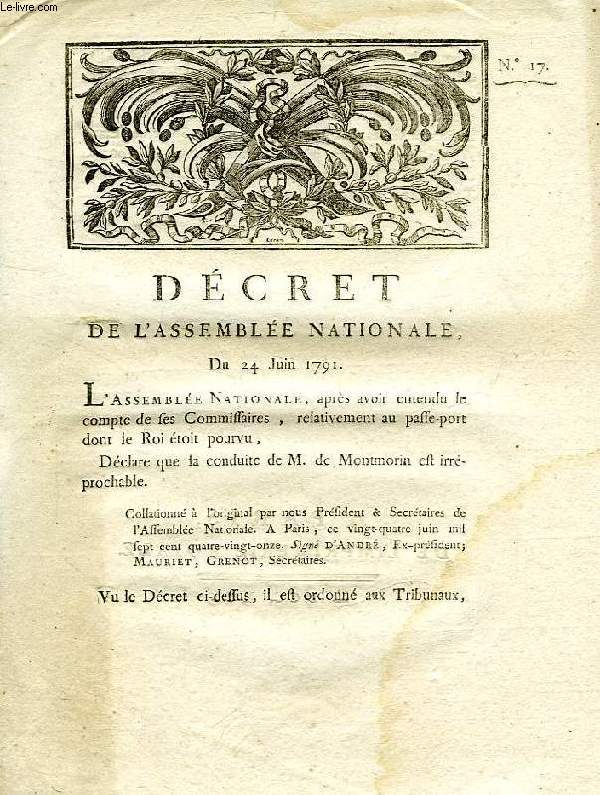 DECRET DE L'ASSEMBLEE NATIONALE, N° 17, DU 24 JUIN 1791