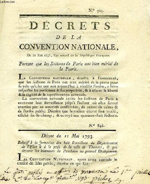 DECRETS DE LA CONVENTION NATIONALE, N 925, PORTANT QUE LES SECTIONS DE PARIS ONT BIEN MERITE DE LA PATRIE