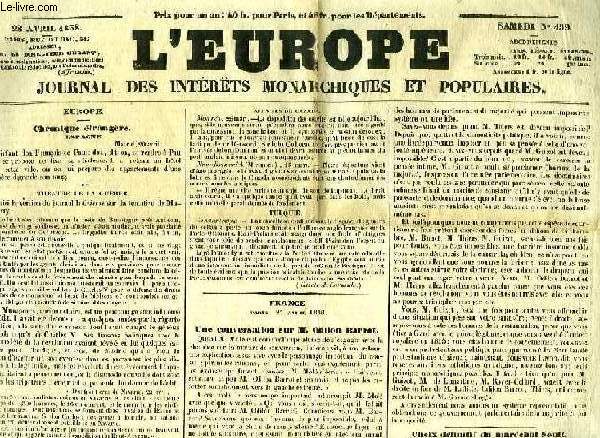 L'EUROPE, JOURNAL DES INTERETS MONARCHIQUES ET POPULAIRES, N 459, AVRIL 1838