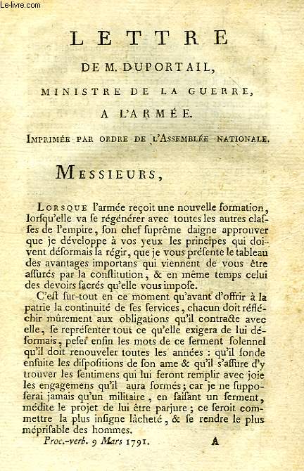 LETTRE DE M. DUPORTAIL, MINISTRE DE LA GUERRE, A L'ARMEE