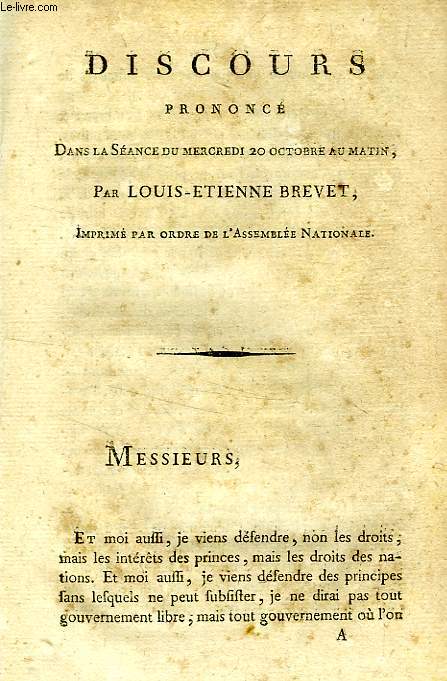 DISCOURS PRONONCE DANS LA SEANCE DU MERCREDI 20 OCTOBRE AU MATIN, PAR LOUIS-ETIENNE BREVET