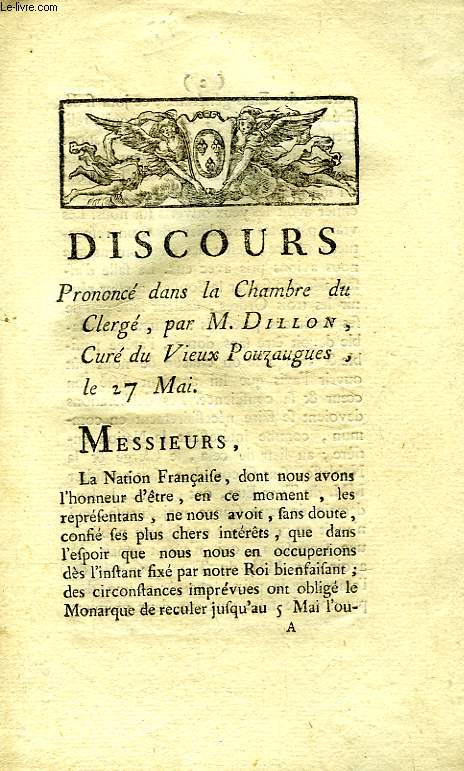 DISCOURS PRONONCE DANS LA CHAMBRE DU CLERGE, PAR M. DILLON, CURE DU VIEUX POUZAUGUES, LE 27 MAI