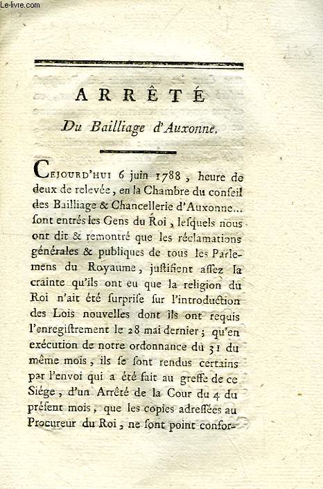 ARRETE DU BAILLAGE D'AUXONNE