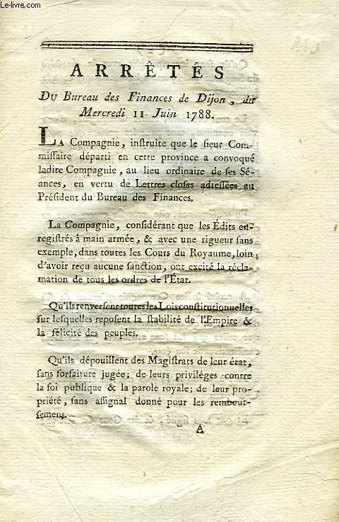 ARRETES DU BUREAU DES FINANCES DE DIJON, DU MERCREDI 11 JUIN 1788