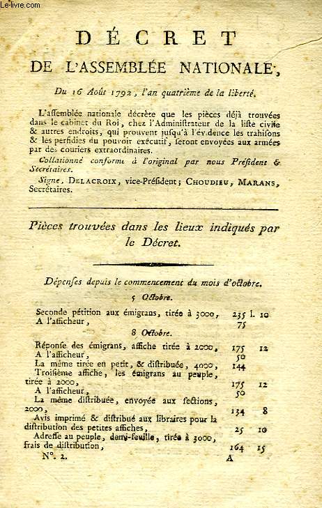 DECRET DE L'ASSEMBLEE NATIONALE DU 16 AOUT 1792, AN QUATRIEME DE LA LIBERTE