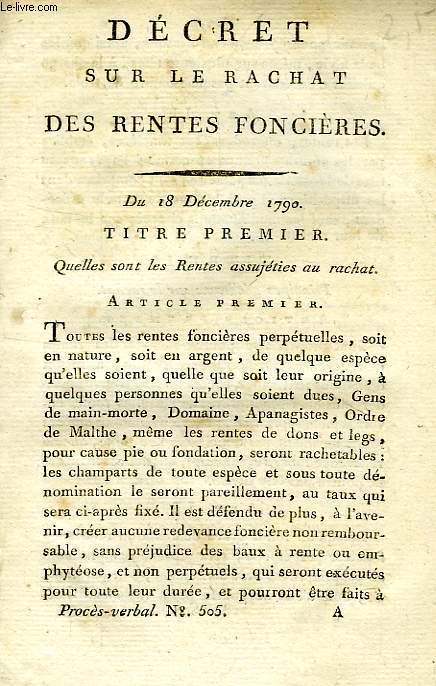 DECRET SUR LE RACHAT DES RENTES FONCIERES, DU 18 DECEMBRE 1790