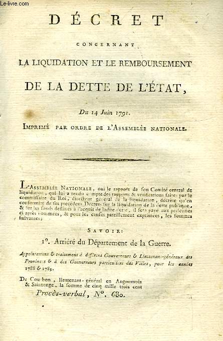 DECRET CONCERNANT LA LIQUIDATION ET LE REMBOURSEMENT DE LA DETTE DE L'ETAT, DU 14 JUIN 1791