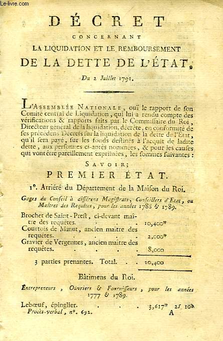 DECRET CONCERNANT LA LIQUIDATION ET LE REMBOURSEMENT DE LA DETTE DE L'ETAT, DU 2 JUILLET 1791