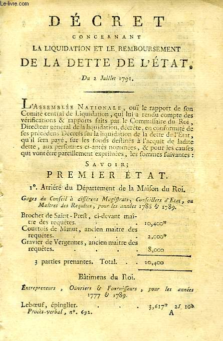 DECRET CONCERNANT LA LIQUIDATION ET LE REMBOURSEMENT DE LA DETTE DE L'ETAT, DU 2 JUILLET 1791