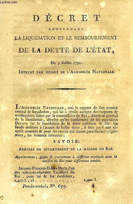 DECRET CONCERNANT LA LIQUIDATION ET LE REMBOURSEMENT DE LA DETTE DE L'ETAT, DU 9 JUILLET 1791