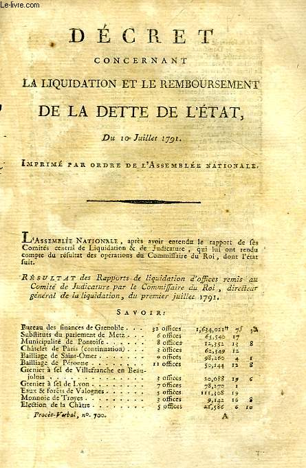DECRET CONCERNANT LA LIQUIDATION ET LE REMBOURSEMENT DE LA DETTE DE L'ETAT, DU 10 JUILLET 1791