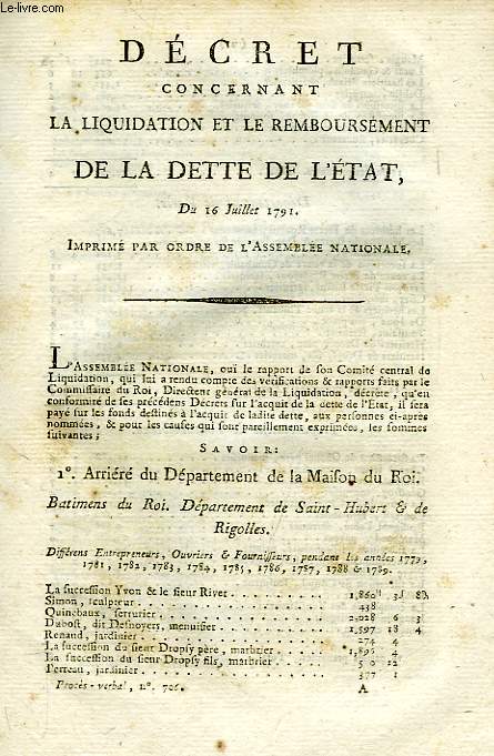 DECRET CONCERNANT LA LIQUIDATION ET LE REMBOURSEMENT DE LA DETTE DE L'ETAT, DU 16 JUILLET 1791