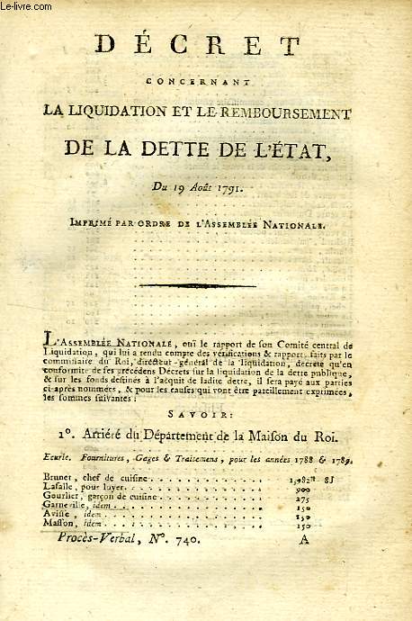 DECRET CONCERNANT LA LIQUIDATION ET LE REMBOURSEMENT DE LA DETTE DE L'ETAT, DU 19 AOUT 1791