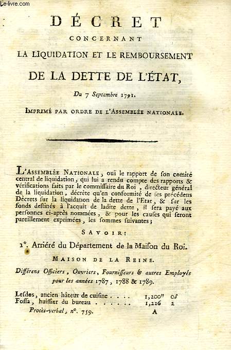 DECRET CONCERNANT LA LIQUIDATION ET LE REMBOURSEMENT DE LA DETTE DE L'ETAT, DU 7 SEPTEMBRE 1791
