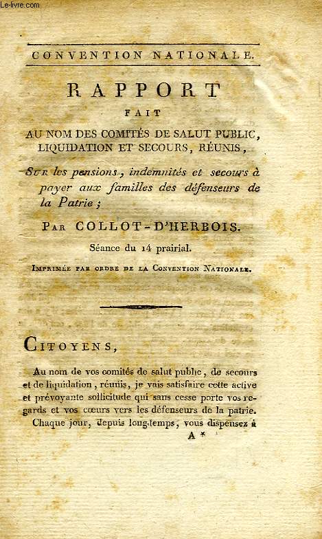 RAPPORT FAIT AU NOM DES COMITES DE SALUT PUBLIC, LIQUIDATION ET SECOURS, REUNIS, SUR LES PENSIONS, INDEMNITES ET SECOURS A PAYER AUX FAMILLES DES DEFENSEURS DE LA PATRIE