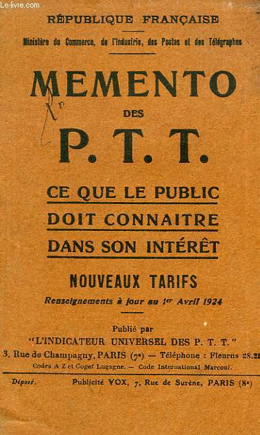 MEMENTO DES P.T.T., NOUVEAUX TARIFS 1924