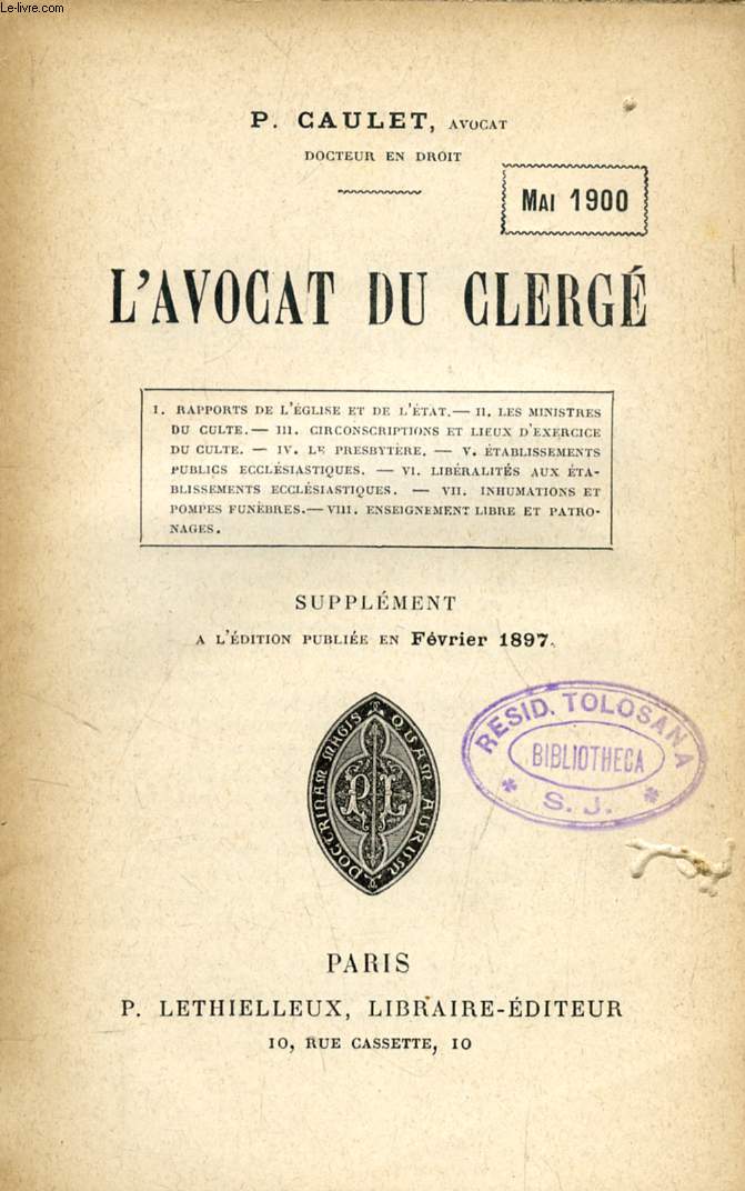 L'AVOCAT DU CLERGE, SUPPLEMENT, MAI 1900