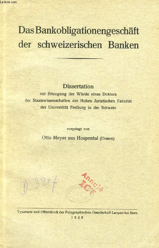 DAS BANKOBLIGATIONENGESCHFT DER SCHWEIZERISCHEN BANKEN (DISSERTATION)