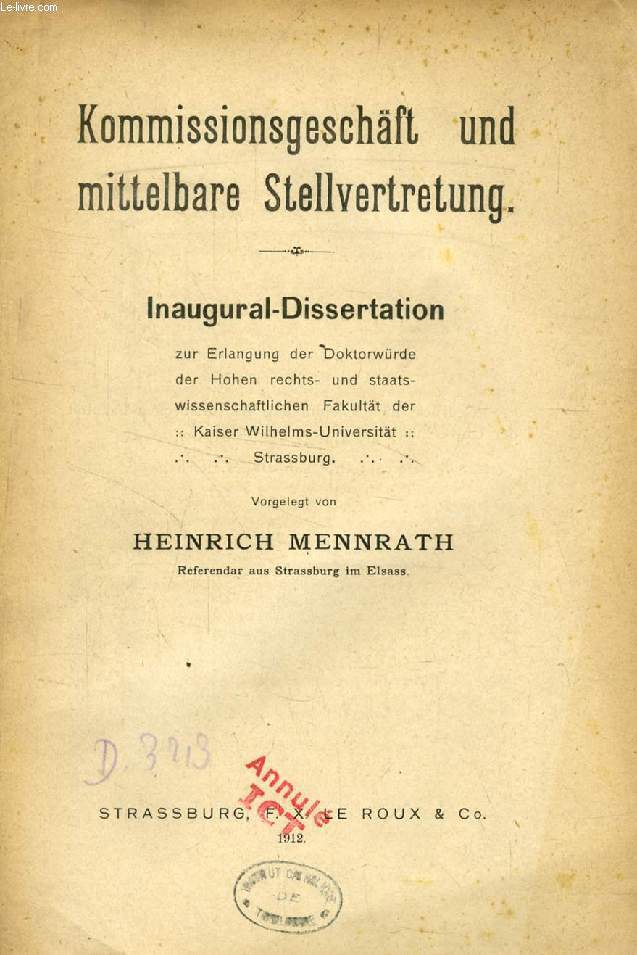 KOMMISSIONSGESCHFT UND MITTELBARE STELLVERTRETUNG (INAUGURAL-DISSERTATION)