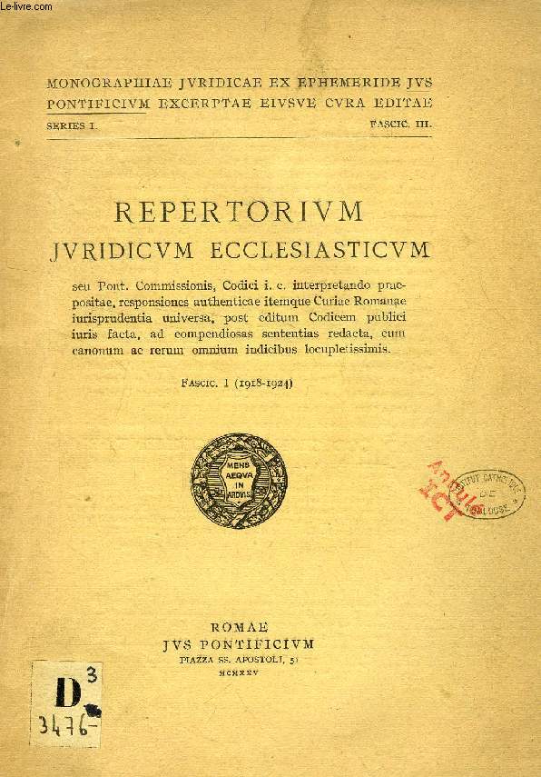 REPERTORIUM JURIDICUM ECCLESISTICUM, FASC. I (1918-1924)