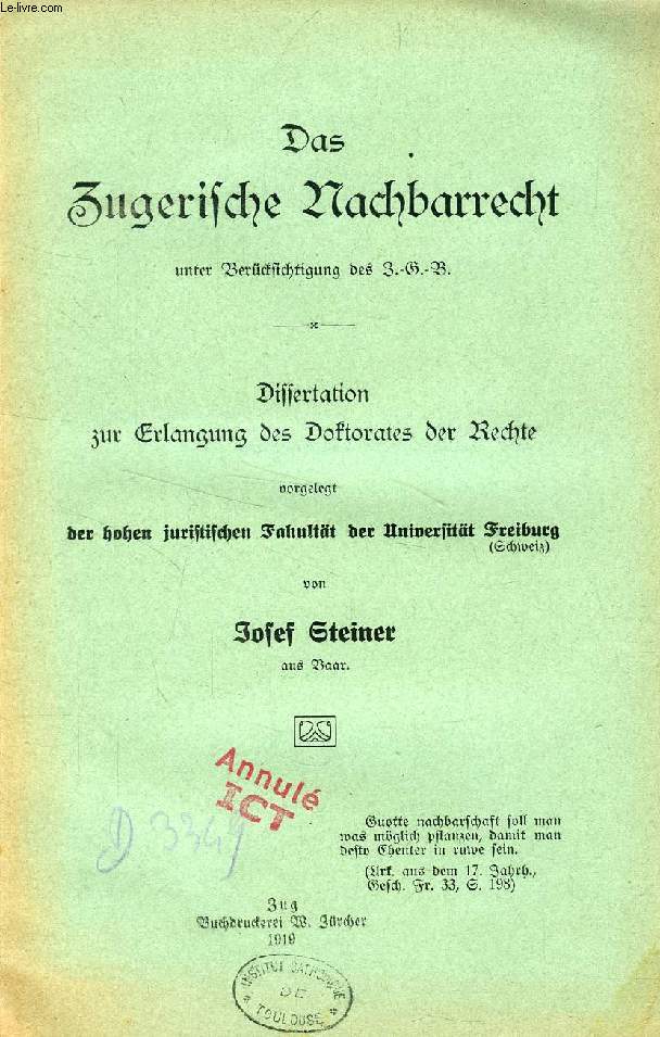DAS ZUGERISCHE NACHBARRECHT UNTER BERCKSICHTIGUNG DES J.-G.-B. (DISSERTATION)