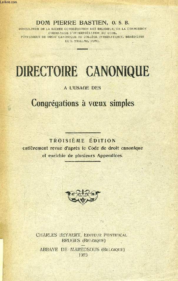 DIRECTOIRE CANONIQUE A L'USAGE DES CONGREGATIONS A VOEUX SIMPLES