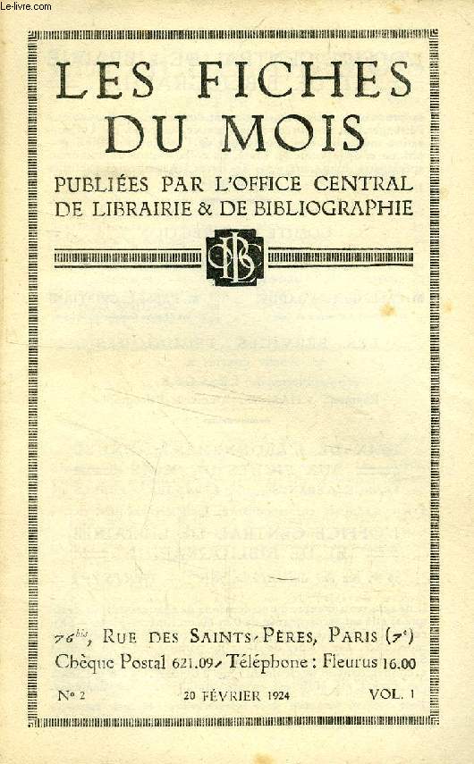 LES FICHES DU MOIS, VOL. 1, N 2, FEV. 1924