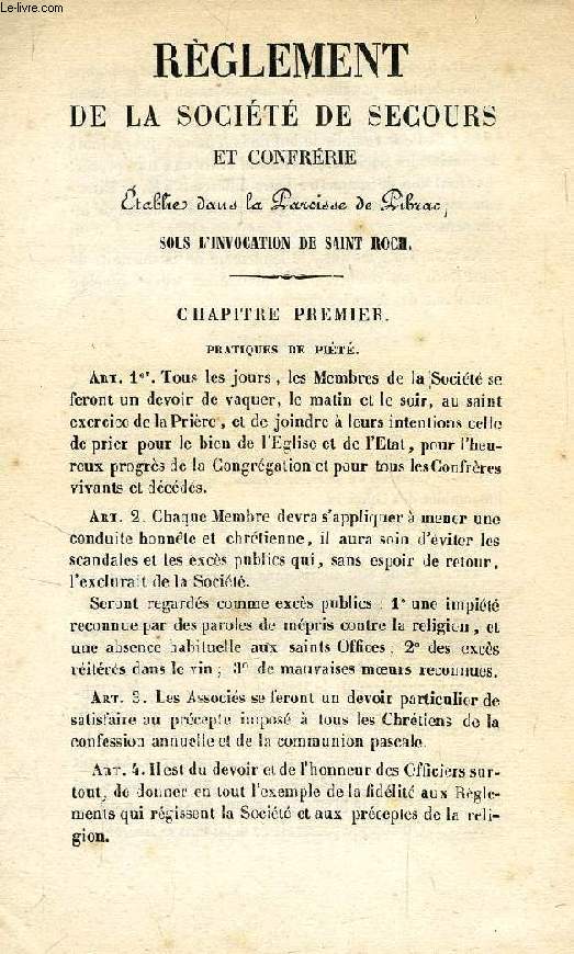 REGLEMENT DE LA SOCIETE DE SECOURS ET CONFRERIE ETABLIE DANS LA PAROISSE DE PIBRAC, SOUS L'INVOCATION DE SAINT ROCH