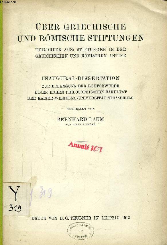 BER GRIECHISCHE UND RMISCHE STIFTUNGEN, TEILDRUCK AUS: STIFTUNGEN IN DER GRIECHISCHEN UND RMISCHEN ANTIKE (INAUGURAL-DISSERTATION)