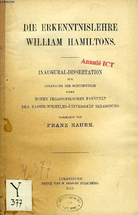 DIE ERKENNTNISLEHRE WILLIAM HAMILTONS (INAUGURAL-DISSERTATION)