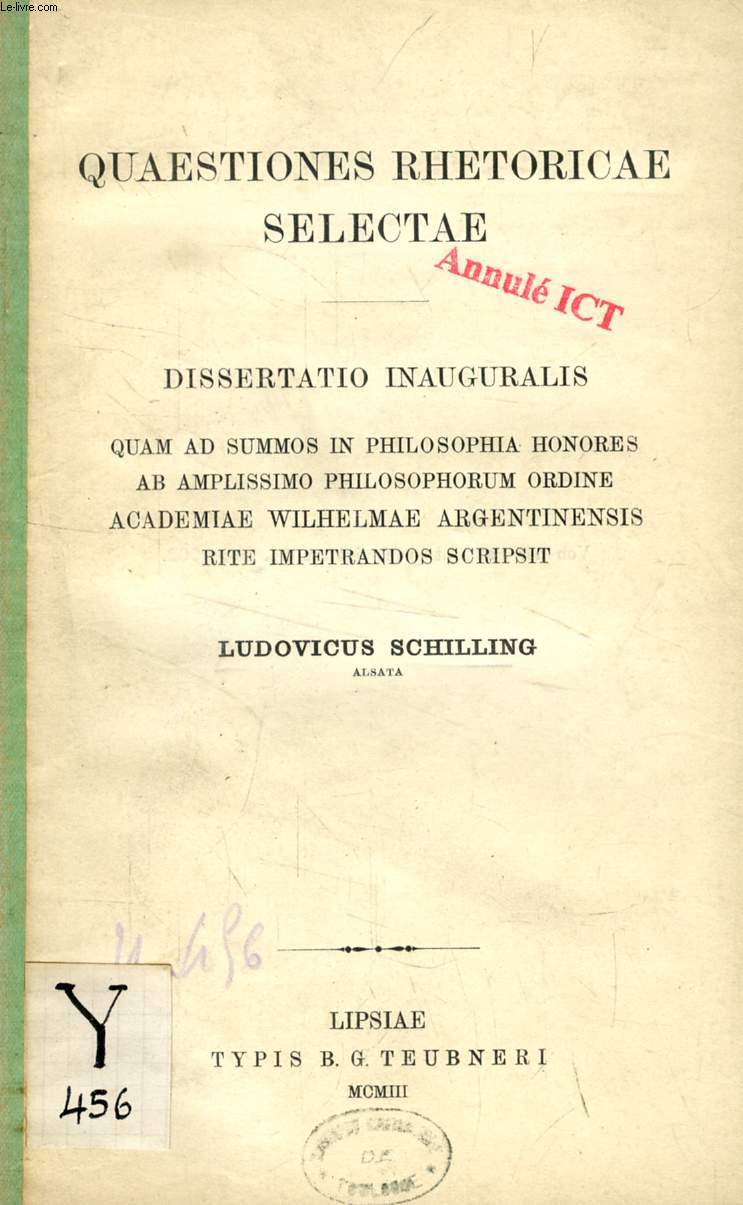 QUAESTIONES RHETORICAE SELECTAE (DISSERTATIO INAUGURALIS)