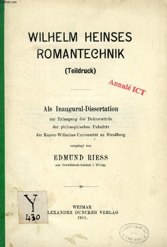 WILHELM HEINSES ROMANTECHNIK (TEILDRUCK) (INAUGURAL-DISSERTATION)