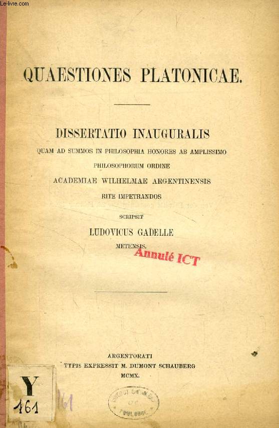 QUAESTIONES PLATONICAE (DISSERTATIO INAUGURALIS)