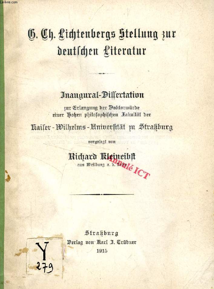 G. Ch. LICHTENBERGS STELLUNG ZUR DEUTSCHEN LITERATUR (INAUGURAL-DISSERTATION)