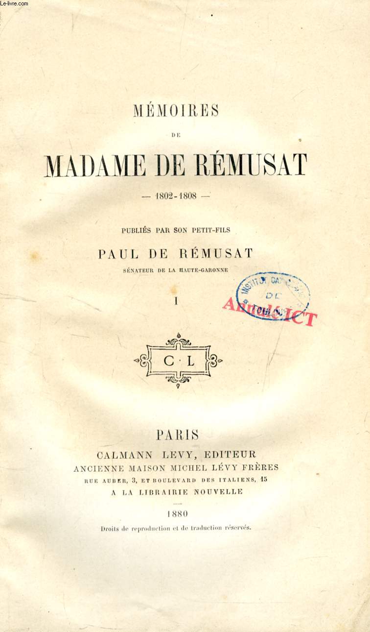 MEMOIRES DE Mme DE REMUSAT, 1802-1808, 3 TOMES