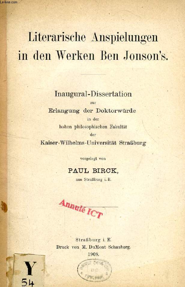 LITERARISCHE ANSPIELUNGEN IN DEN WERKEN BEN JONSON'S (INAUGURAL-DISSERTATION)