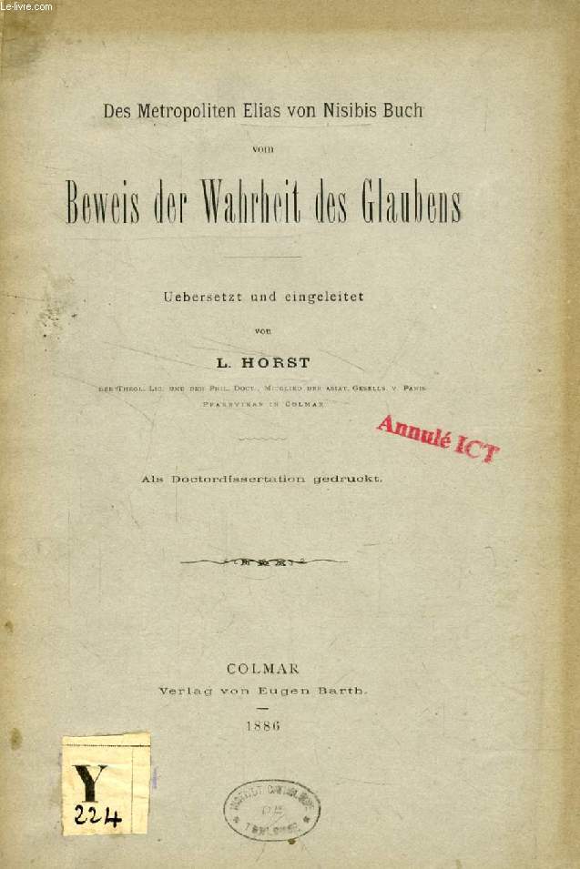 DES METROPOLITEN ELIAS VON NISIBIS BUCH VOM BEWEIS DER WAHRHEIT DES GLAUBENS