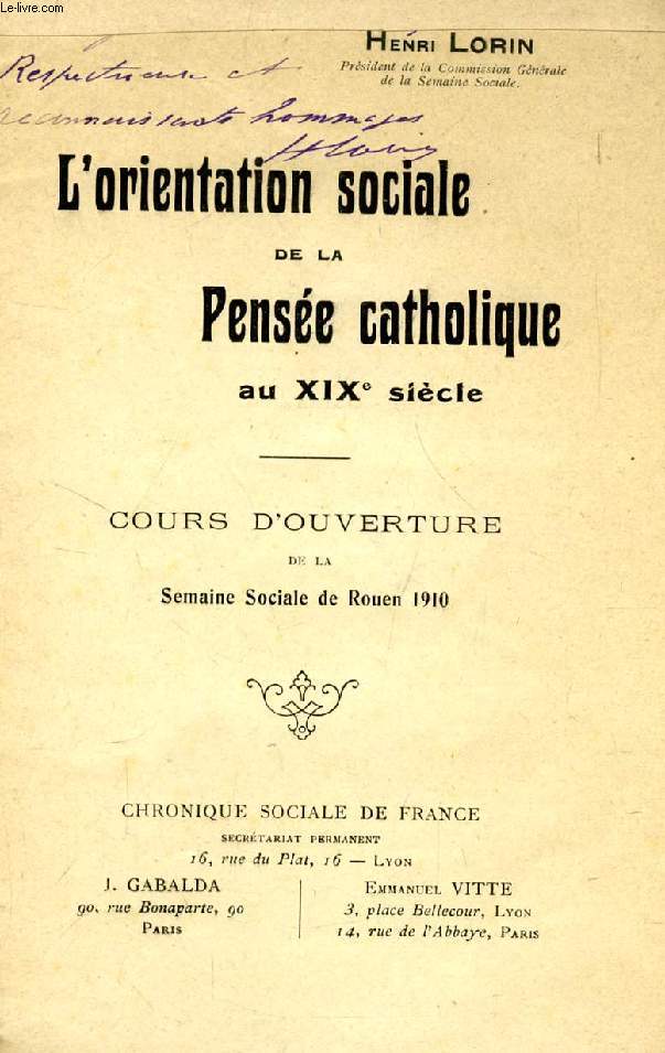 L'ORIENTATION SOCIALE DE LA PENSEE CATHOLIQUE AU XIXe SIECLE
