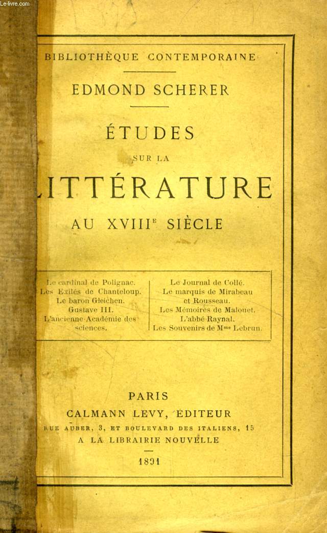 ETUDES SUR LA LITTERATURE AU XVIIIe SIECLE